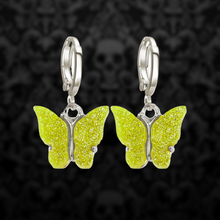Load image into Gallery viewer, Green Sparkly Butterfly Mini Hoop Earrings
