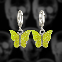 Load image into Gallery viewer, Green Sparkly Butterfly Mini Hoop Earrings
