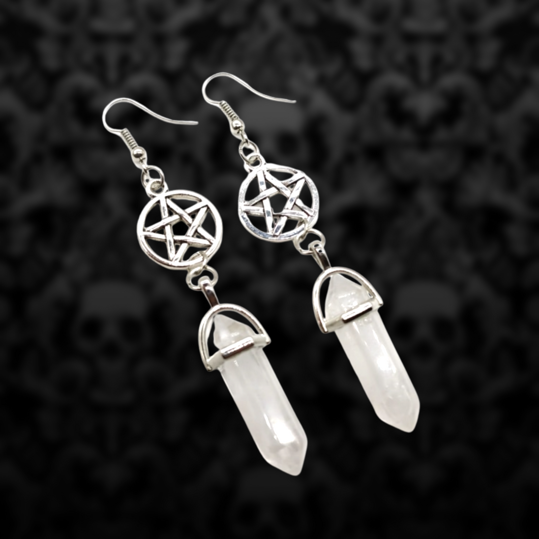 (Mental Clarity) Clear Quartz Crystal & Pentagram Charm Earrings